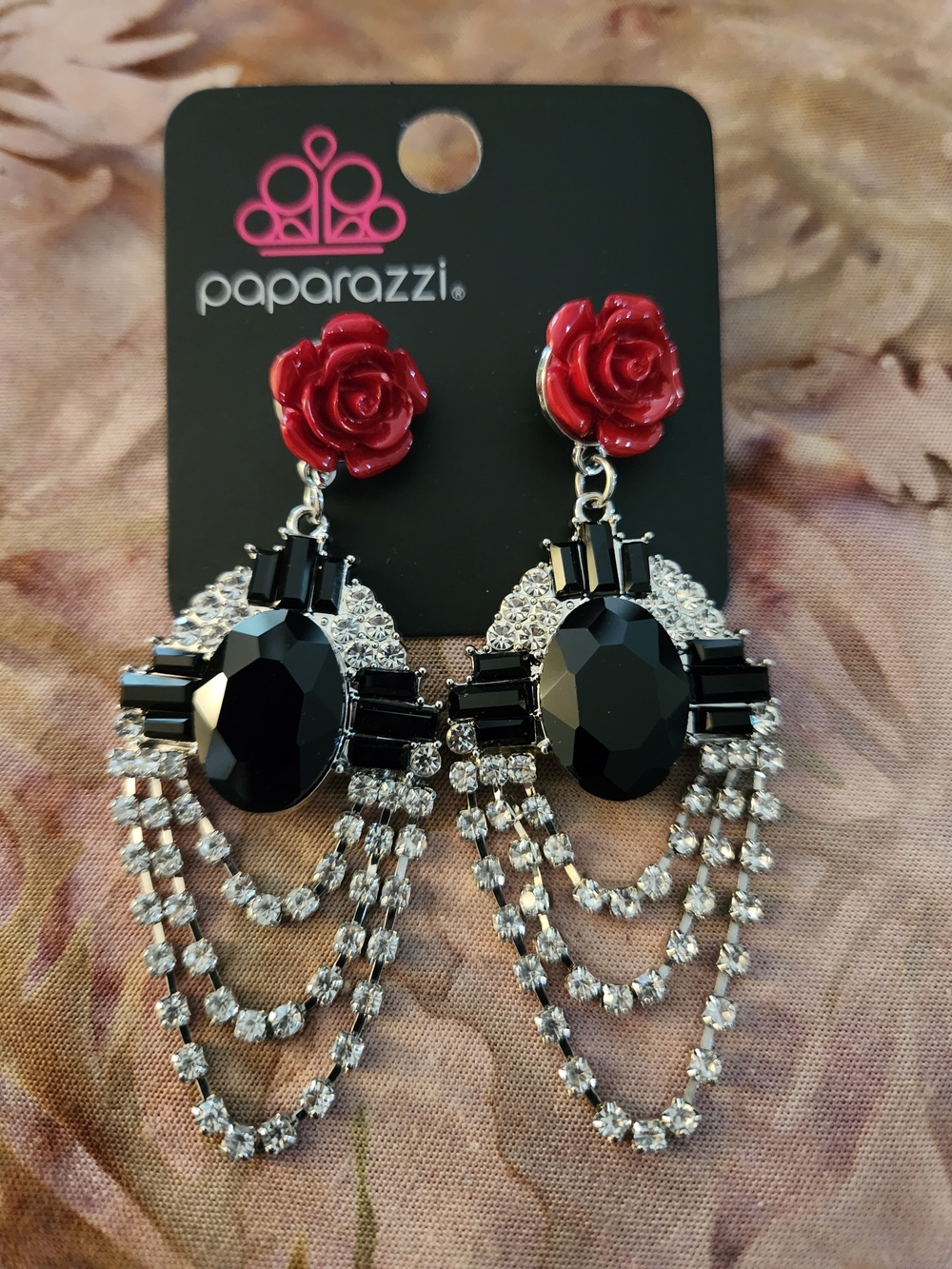 Paparazzi Red Rose and Black Crystal Chandelier Earrings